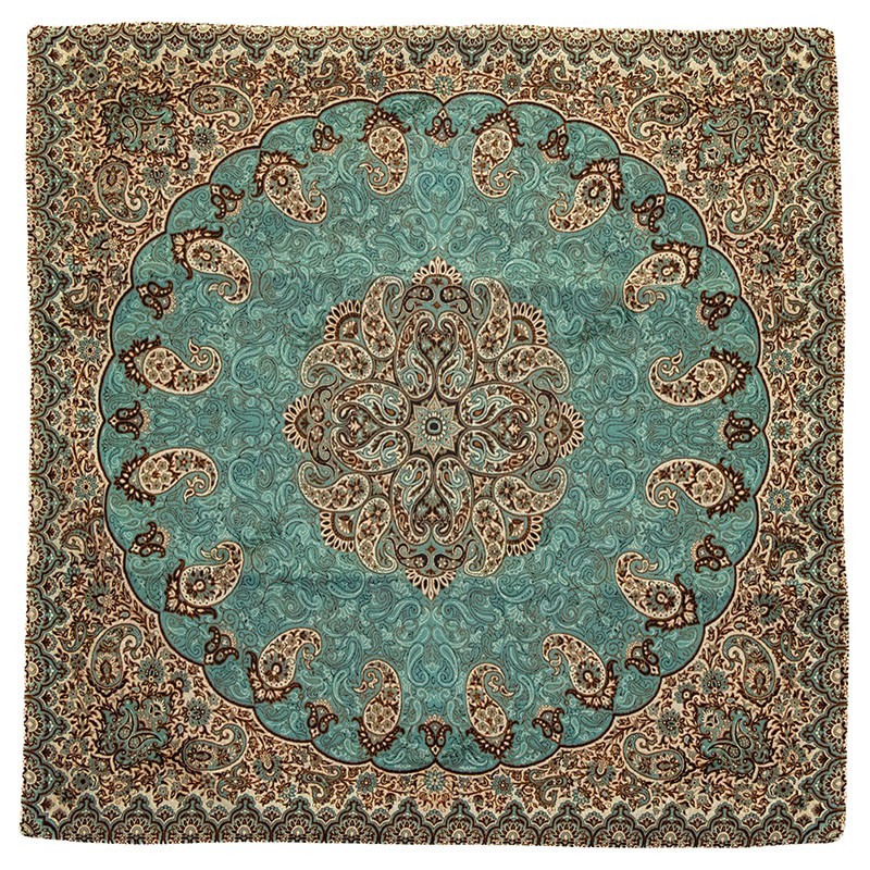 رومیزی ترمه فیروزه‌ای مربع مناسب میز چوبی و مسی